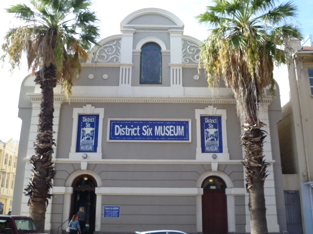 Exterior view of the District Six Museum building under a blue sky in Cape Town South Africa